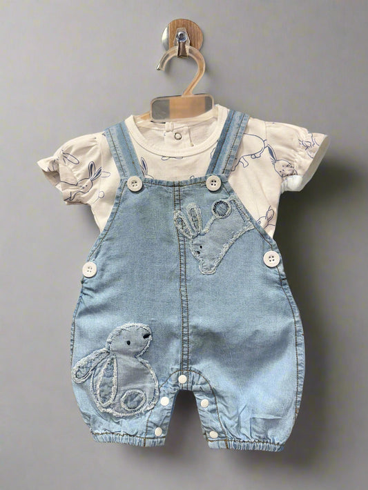 Luxe Thread baby denim romper with adorable animal embroidery and button closure
