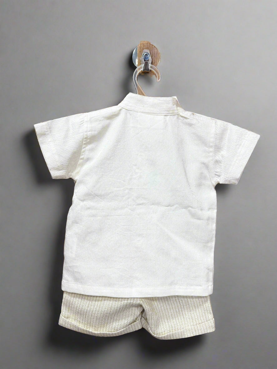 Beige khaki baby outfit featuring a short-sleeve shirt and striped shorts for stylish little boys