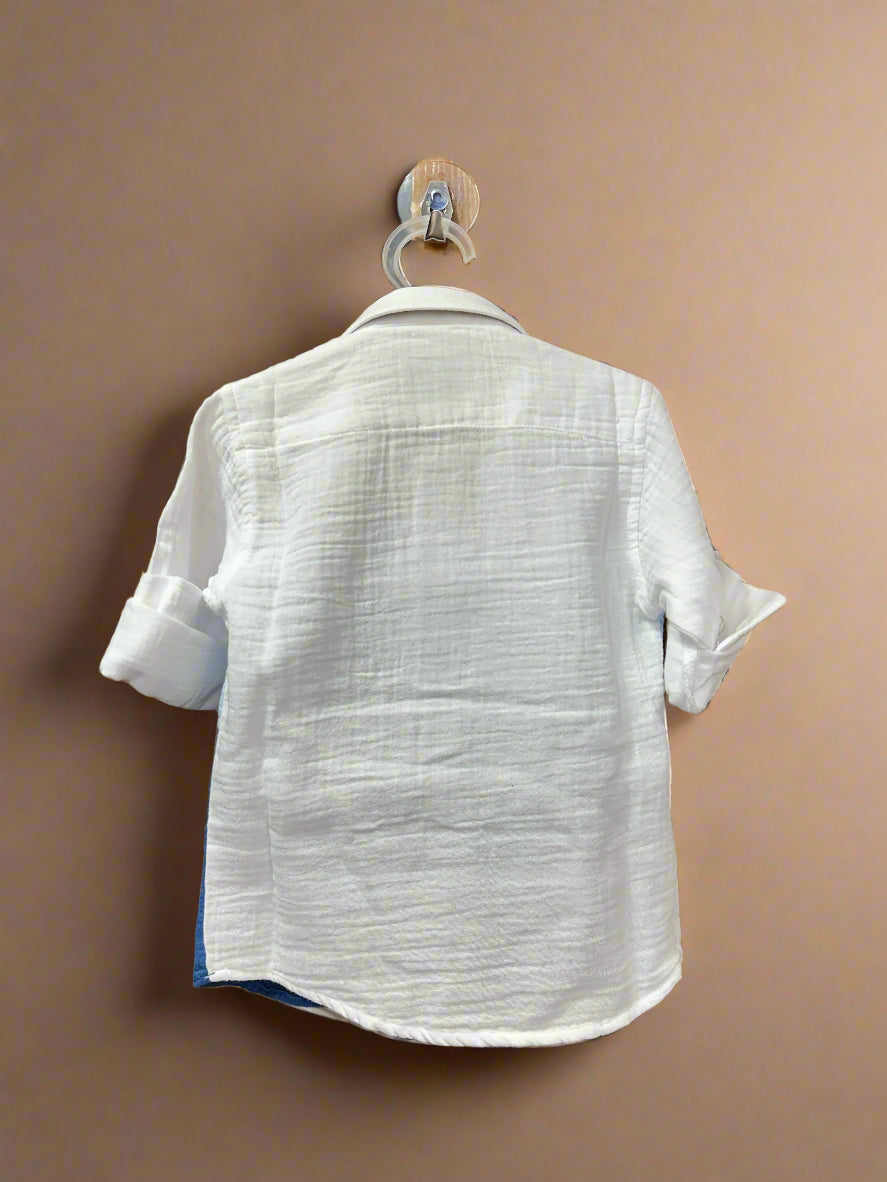 Luxe Thread Boys Color Block Shirt in White with Short Sleeves and Casual Fit