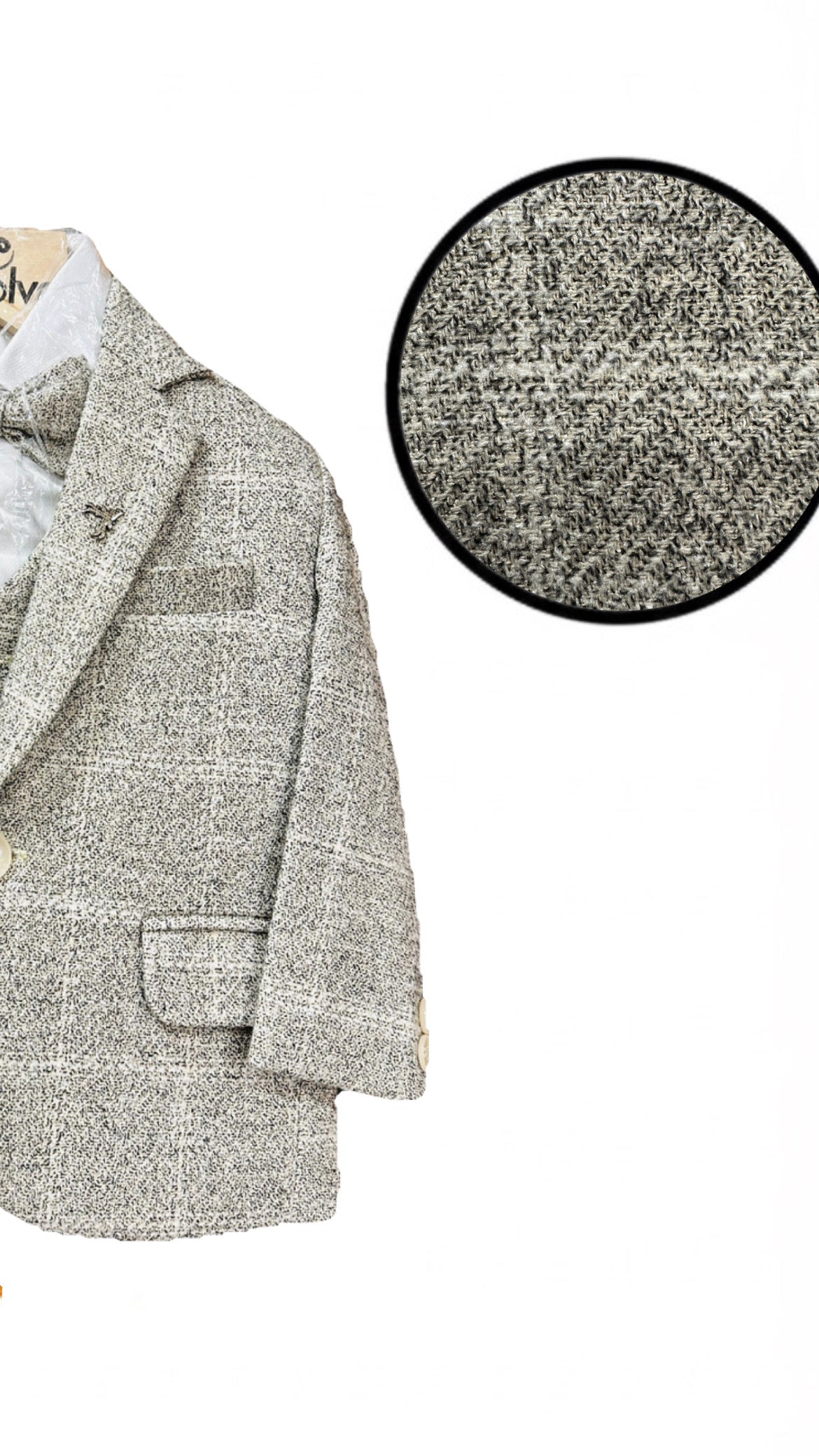 Boys grey tweed blazer featuring a stylish design with textured fabric and tailored fit