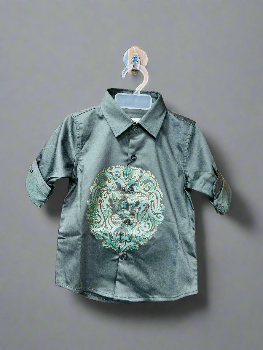 Luxe Thread Boys Formal Wear for Kids, Stylish Green Shirt with Unique Print Design