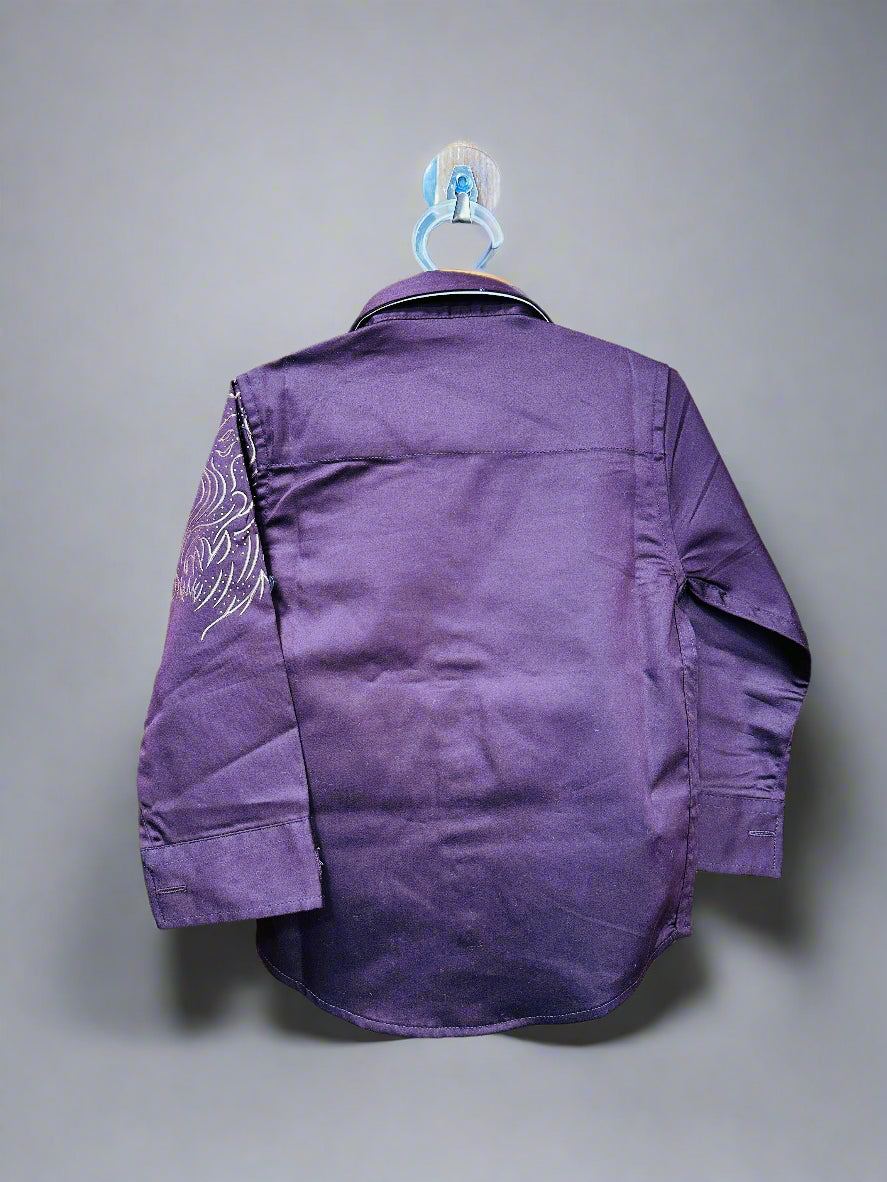 Back view of a purple Luxe Thread shirt, a stylish choice in formal wear for kids