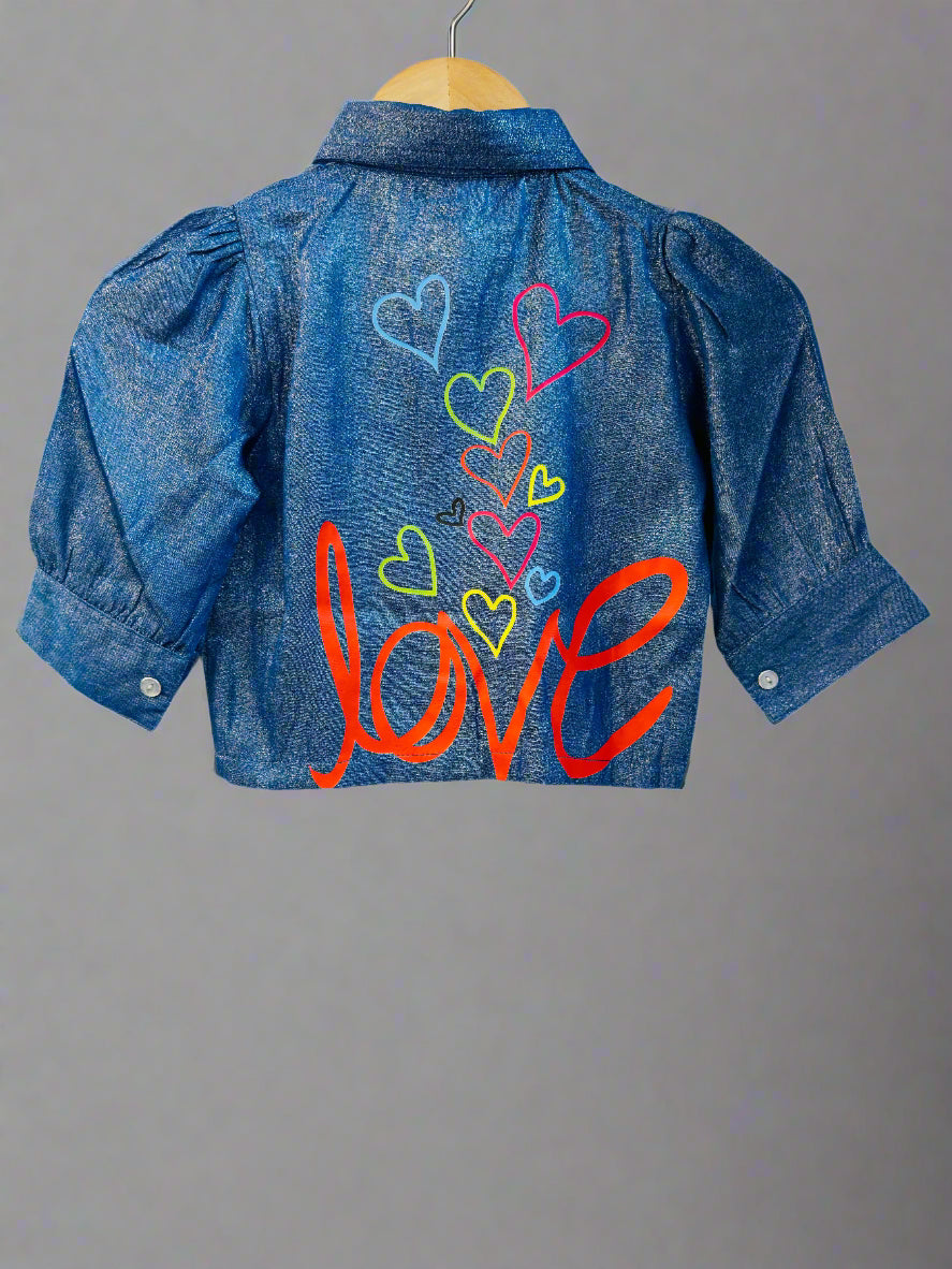 Girls shimmer denim jacket with colorful heart designs and love graphic on the back