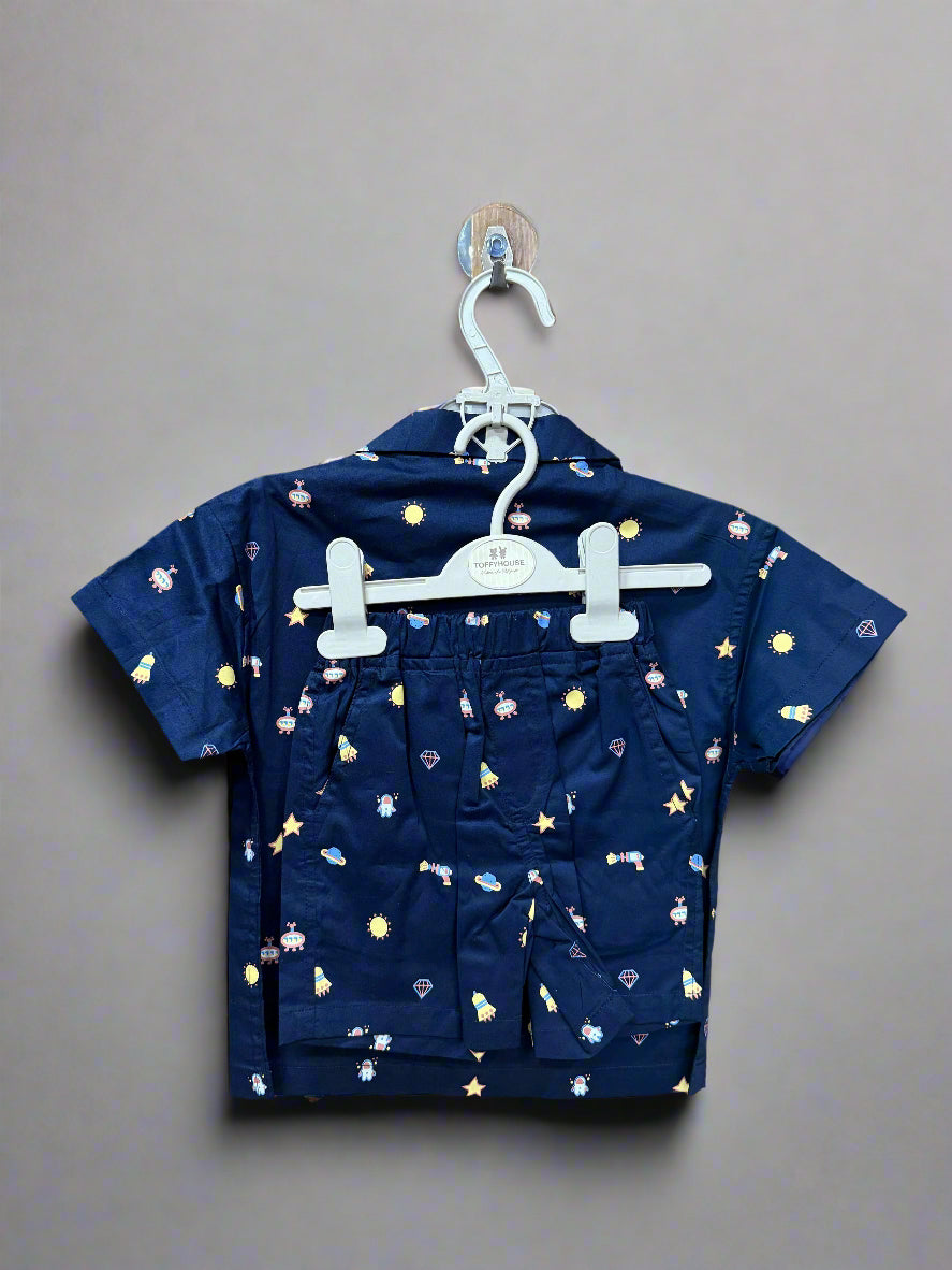 Navy blue starry shirt boys with fun celestial prints for stylish casual or formal occasions