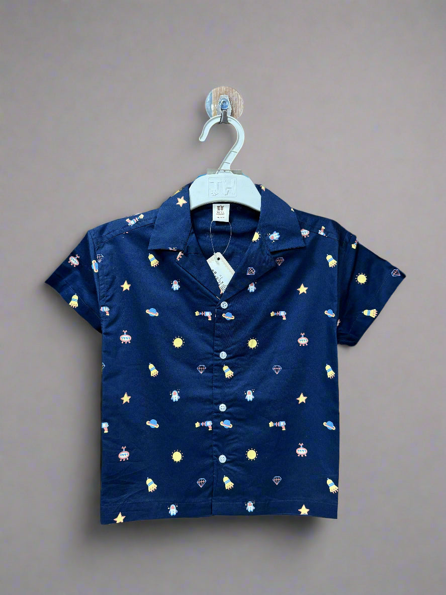 Navy blue starry shirt boys featuring colorful patterns of stars and spaceships for fun casual wear