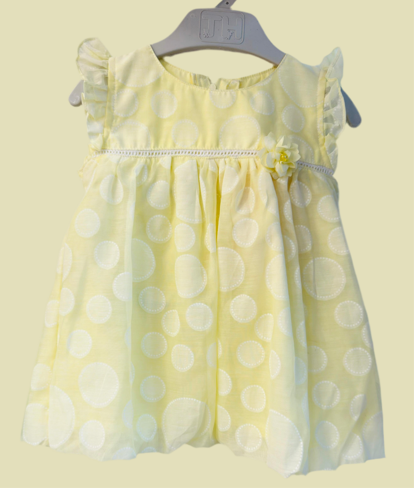 Luxe Thread Yellow Baby Dress with White Polka Dots, Girly Frills and Detailing for Kids