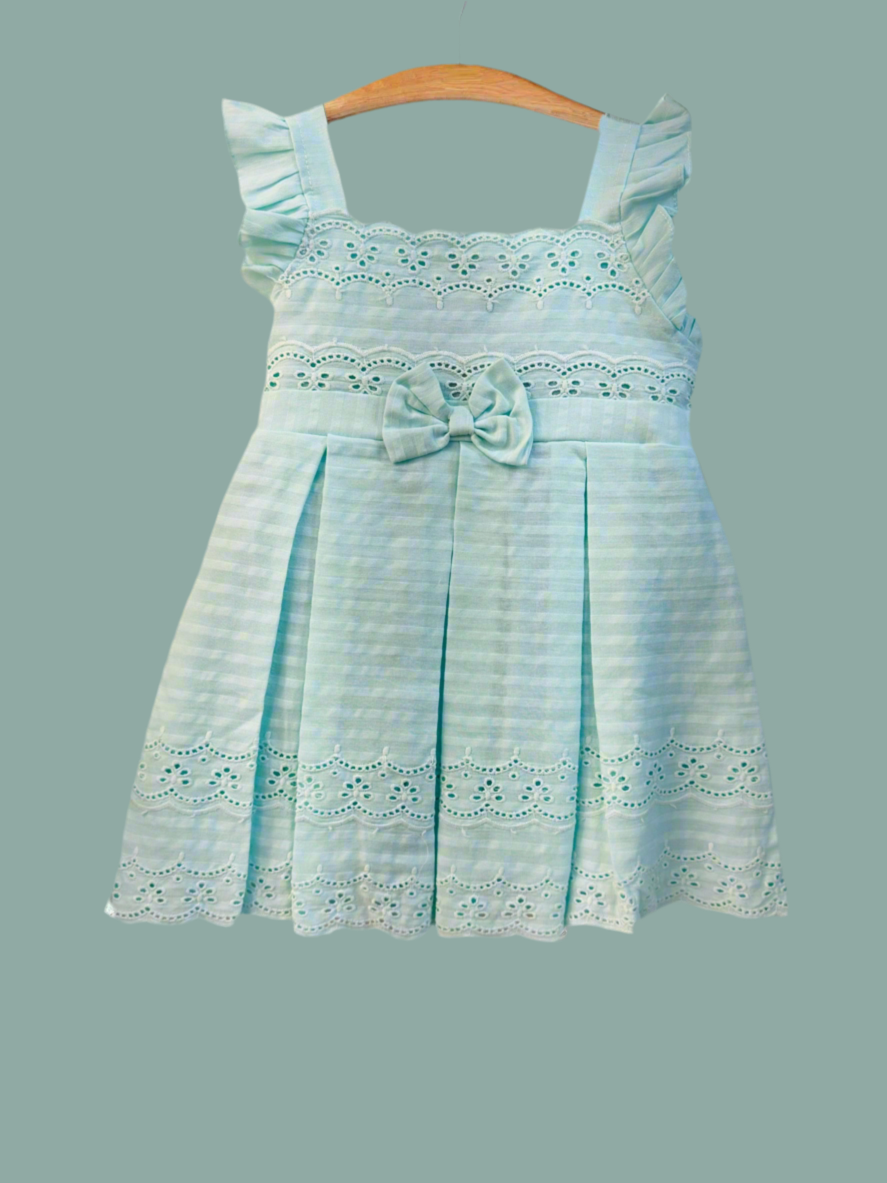 Luxe Thread soft cotton infant dress in light blue with ruffles and bow detail