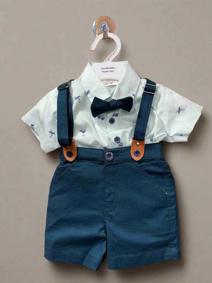 Toddler blue shorts set with bow tie featuring a light white shirt and suspender shorts for formal occasions