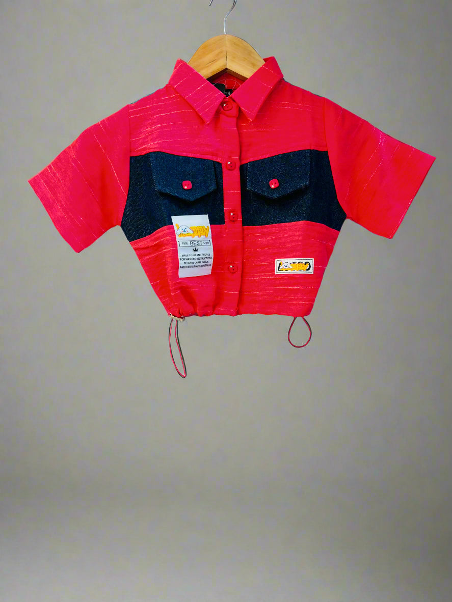 Luxe Thread girls casual shirt in red with denim accents, perfect for stylish kids. Great for casual outings.