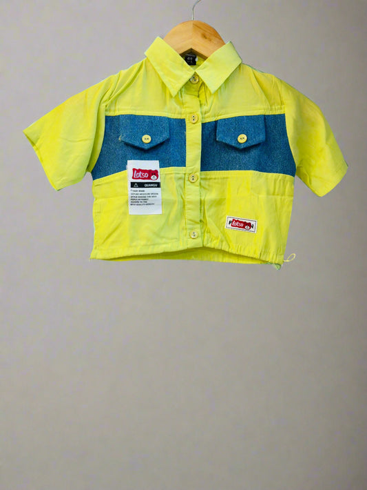 Luxe Thread yellow kids casual shirt with denim accents and button closure for a stylish look