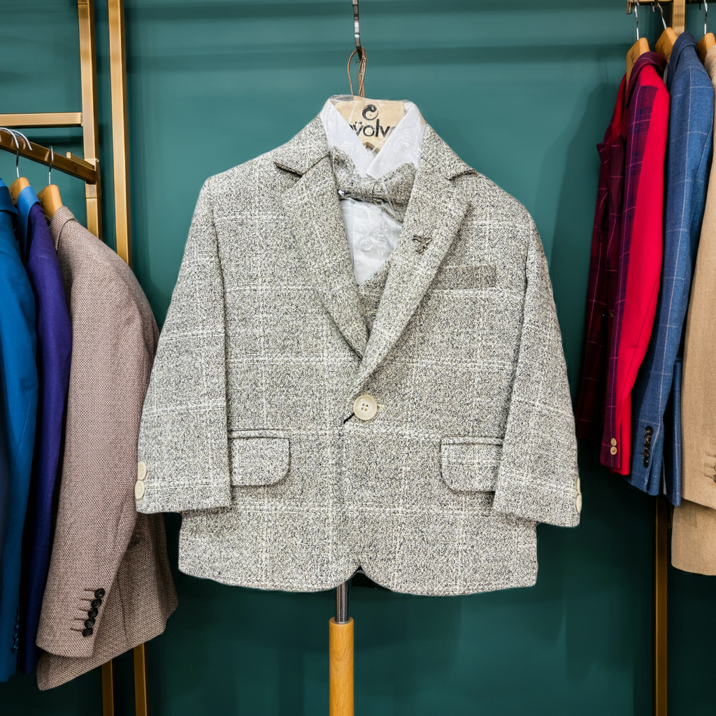 Collection of trendy boys outfits including stylish suits and accessories in a variety of colors