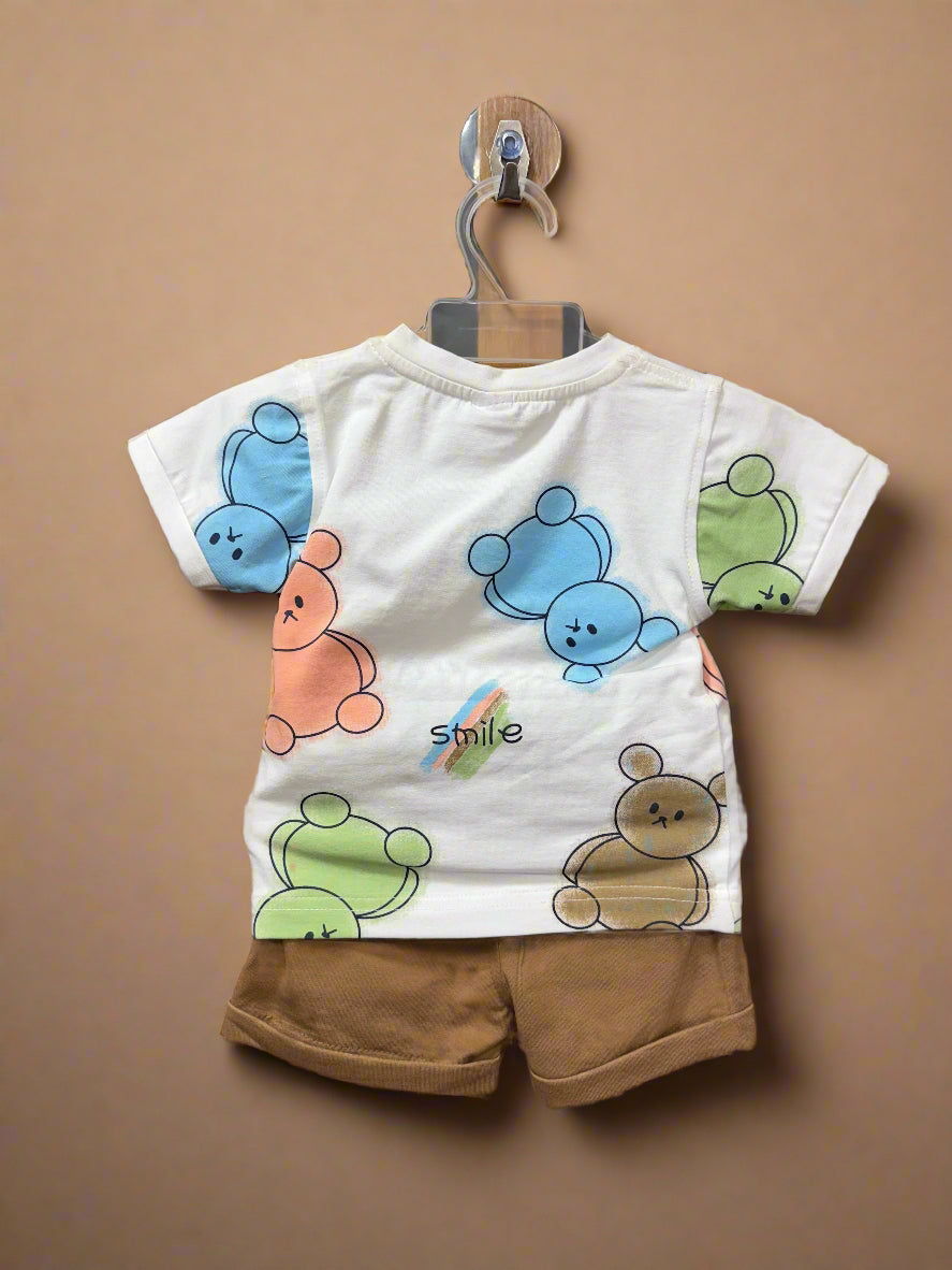 Unisex baby bear print t-shirt set featuring colorful bear graphics and brown shorts for toddlers