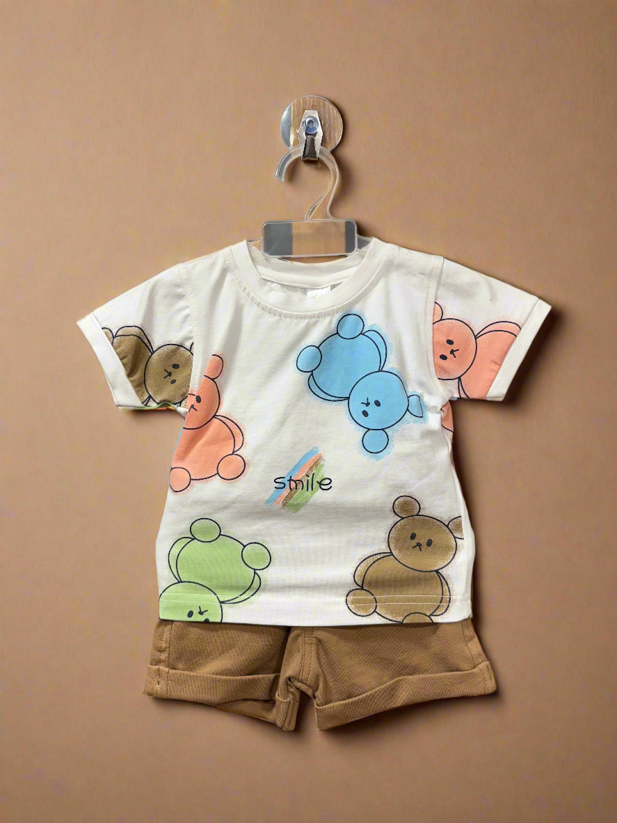 Unisex baby bear print t-shirt set featuring colorful bear designs and matching shorts