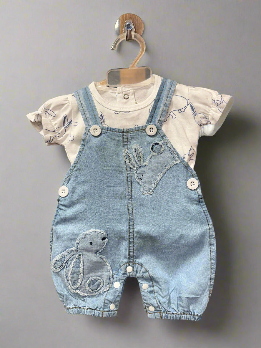 Luxe Thread baby denim romper with adorable animal embroidery and button closure