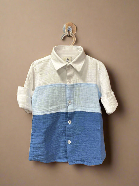Boys color block shirt in white and blue with a stylish design for casual or formal occasions