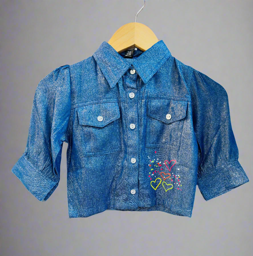 Luxe Thread girls shimmer denim jacket with stylish embroidered hearts and front pockets
