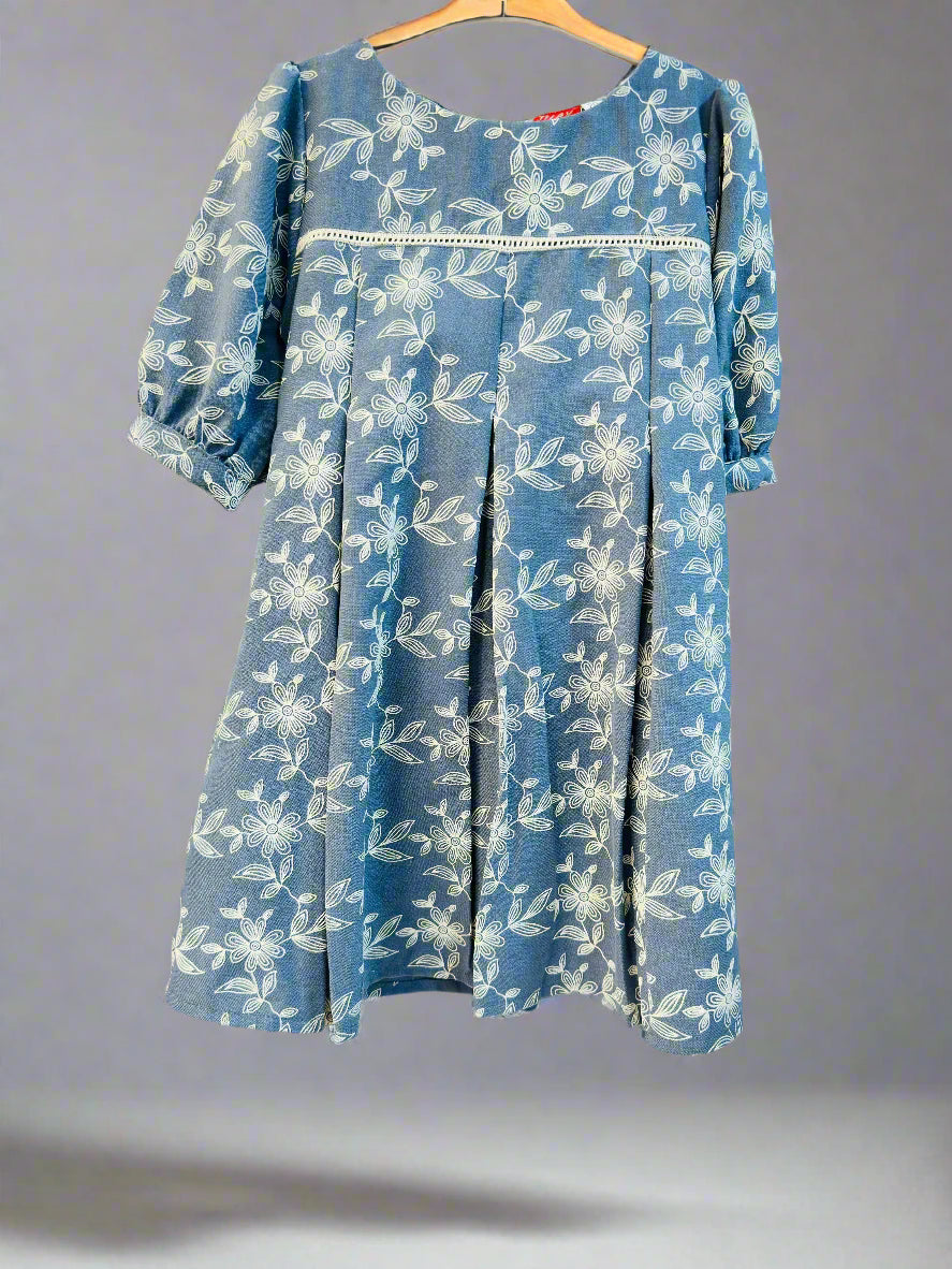 Luxe Thread girls summer collection dress in blue floral print with puff sleeves