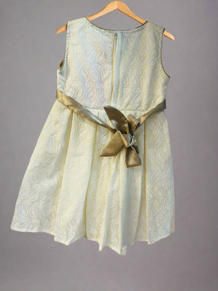 Gold embroidered party frock for girls with a stylish bow and elegant design