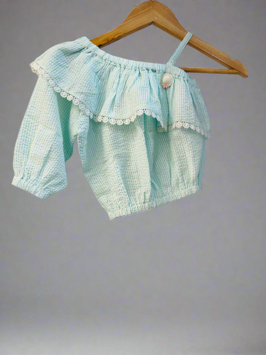 Light green off-shoulder top girls with ruffled design and lace trim from Luxe Thread