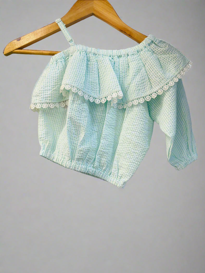 Light green off-shoulder top girls with ruffled design and lace trim by Luxe Thread