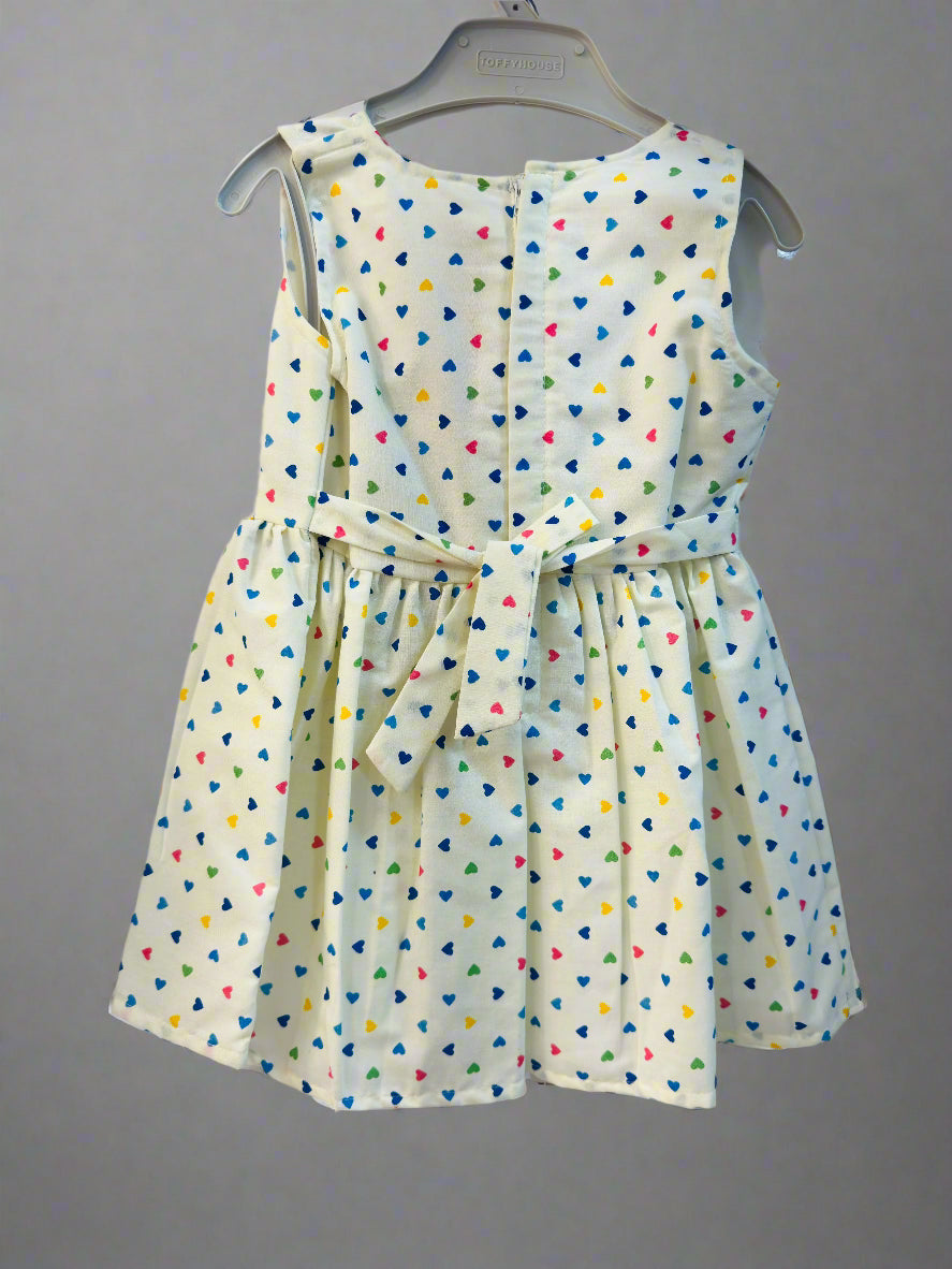 Luxe thread multicolor heart print dress for girls with a tie waist and sleeveless design