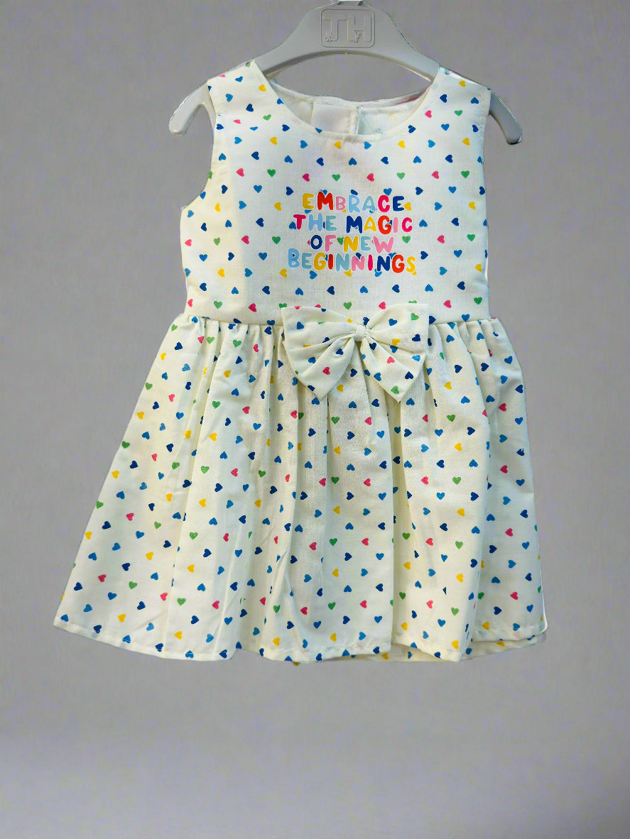 Luxe Thread multicolor heart print dress for girls with bow and colorful text design