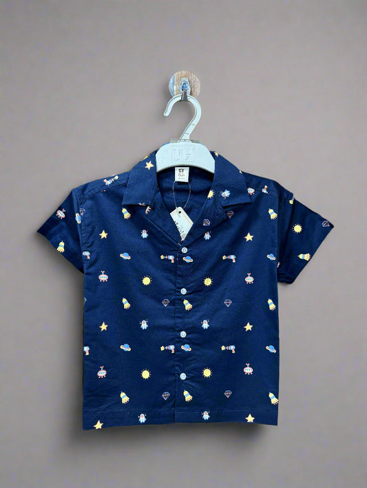 Navy blue starry shirt boys featuring colorful patterns of stars and spaceships for fun casual wear