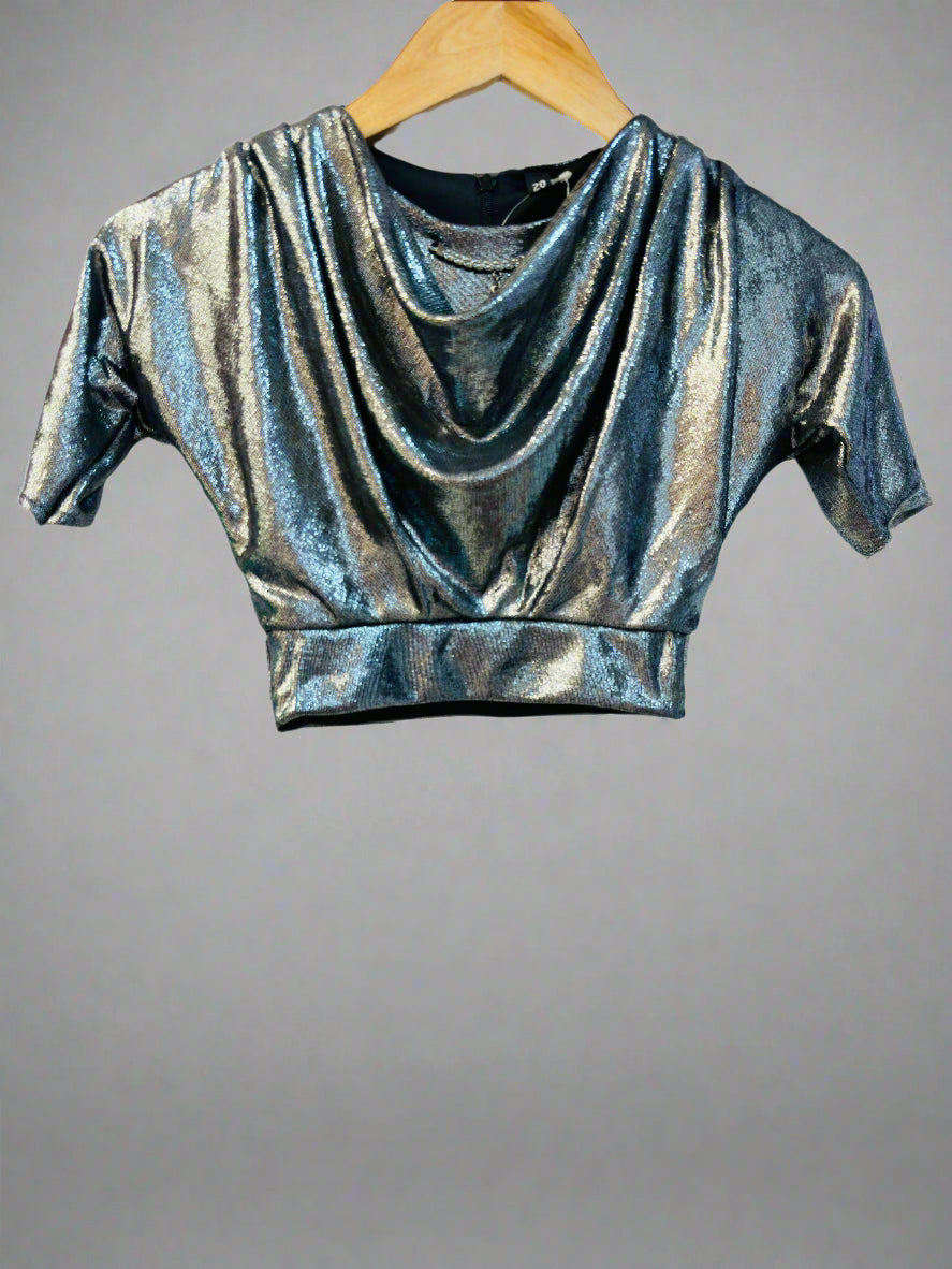 Shiny silver party wear top kids with a stylish draped design for special occasions