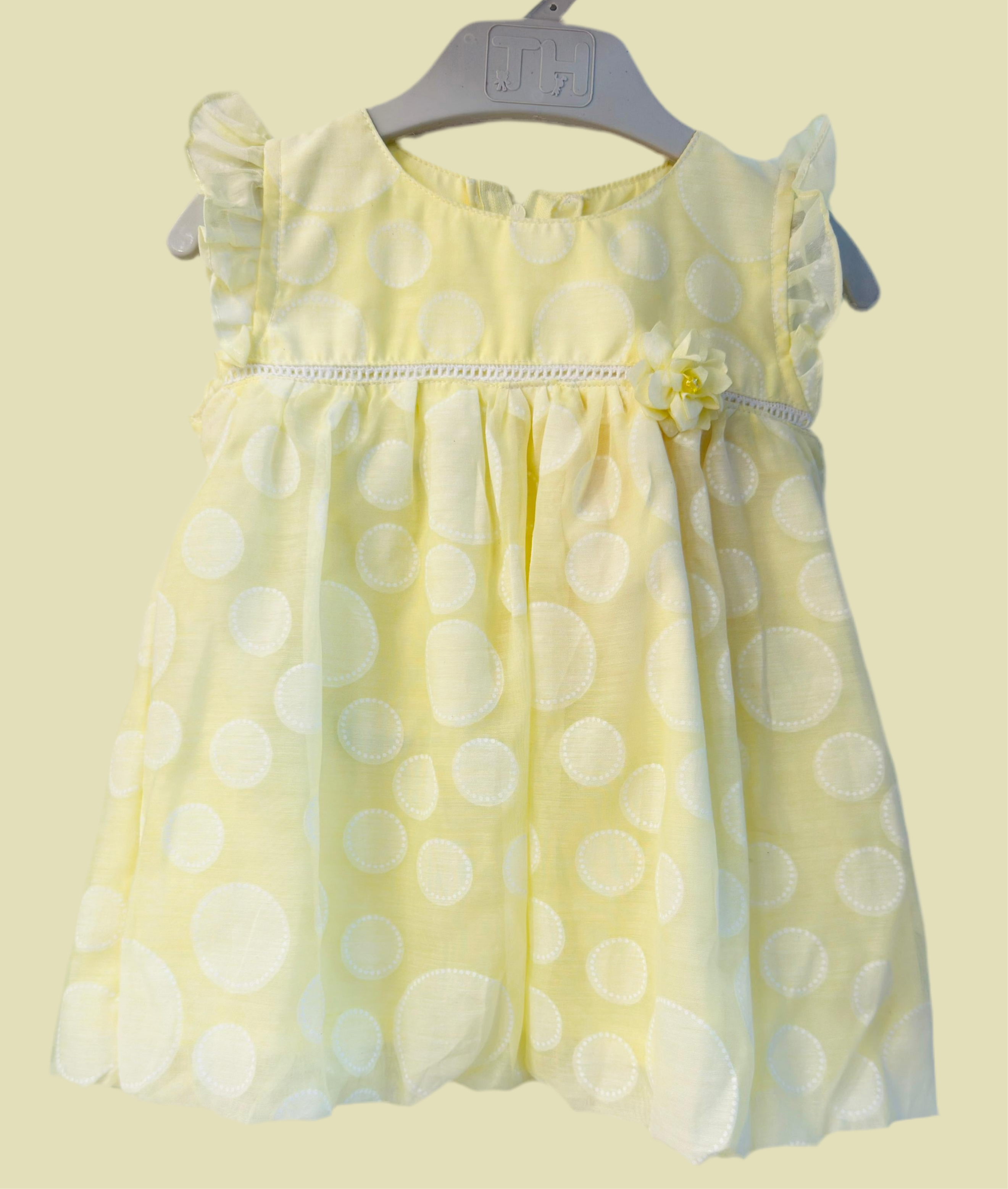 Luxe Thread Yellow Baby Dress with White Polka Dots, Girly Frills and Detailing for Kids
