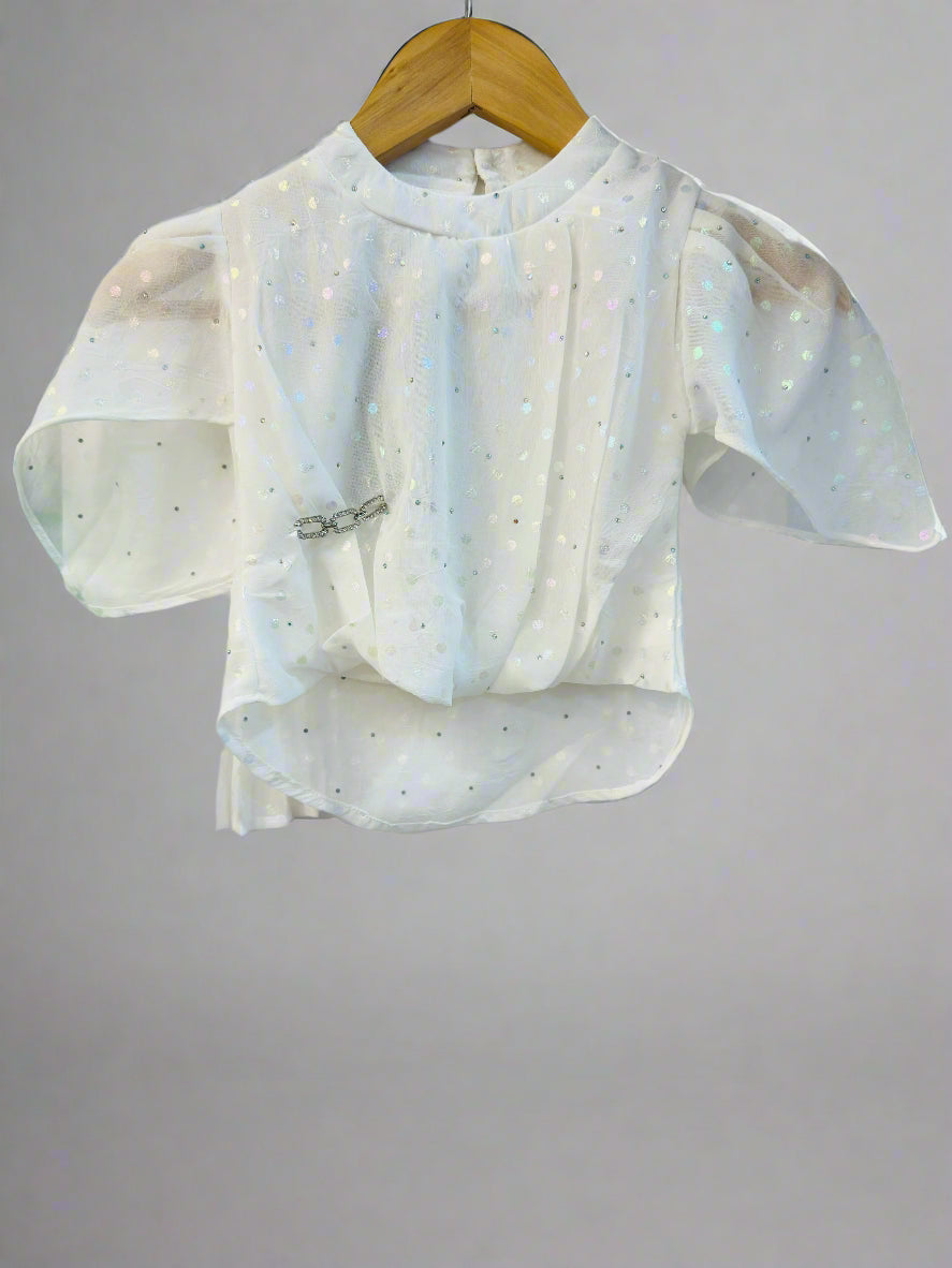 Luxe Thread puff sleeve party wear top in white with iridescent detailing perfect for girls