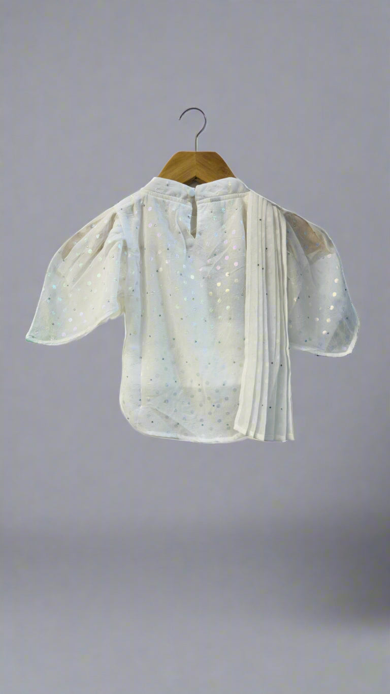 White puff sleeve party wear top for girls with elegant design and stylish pleat detailing