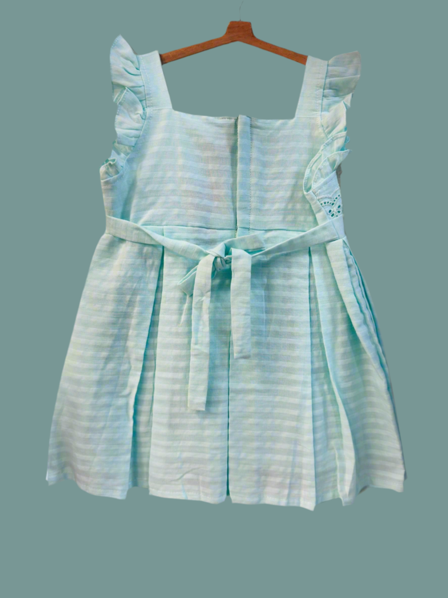Light blue striped soft cotton infant dress with ruffled sleeves and a bow belt