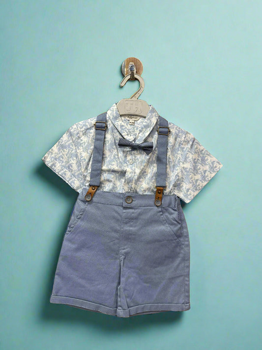 Toddler blue shorts set with bow tie featuring a stylish patterned shirt and suspenders
