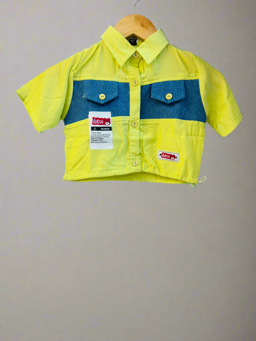 Luxe Thread yellow kids casual shirt with denim accents and button closure for a stylish look